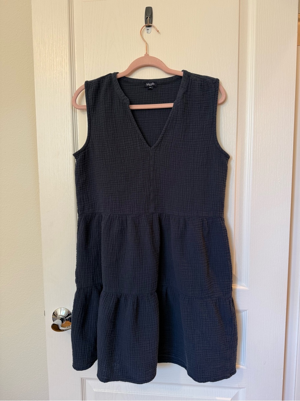 Splendid Navy Blue 100% Cotton Textured Tiered V-Neck Mini Dress